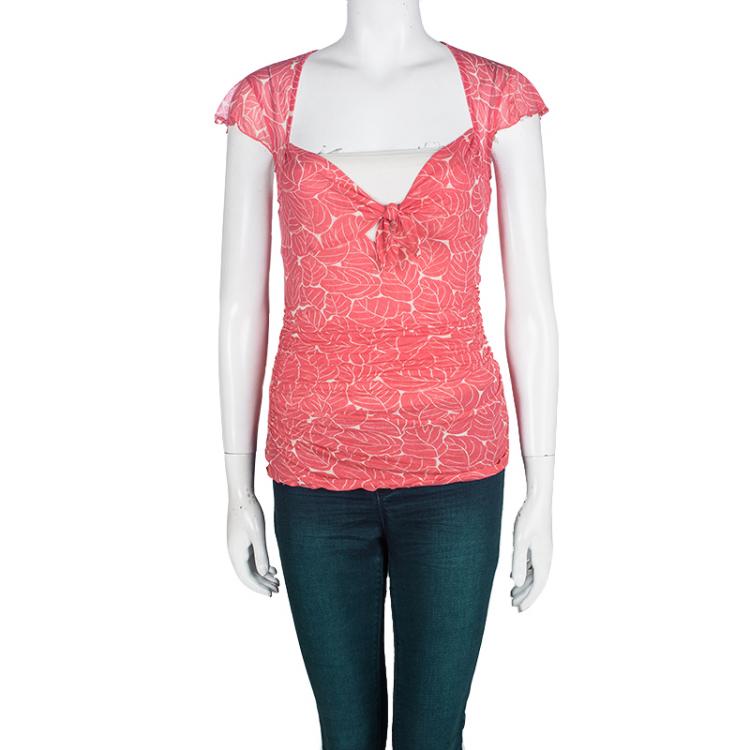 Pre Owned Diane Von Furstenberg Pink Abstract Print Silk  Ruched Tommy Top M