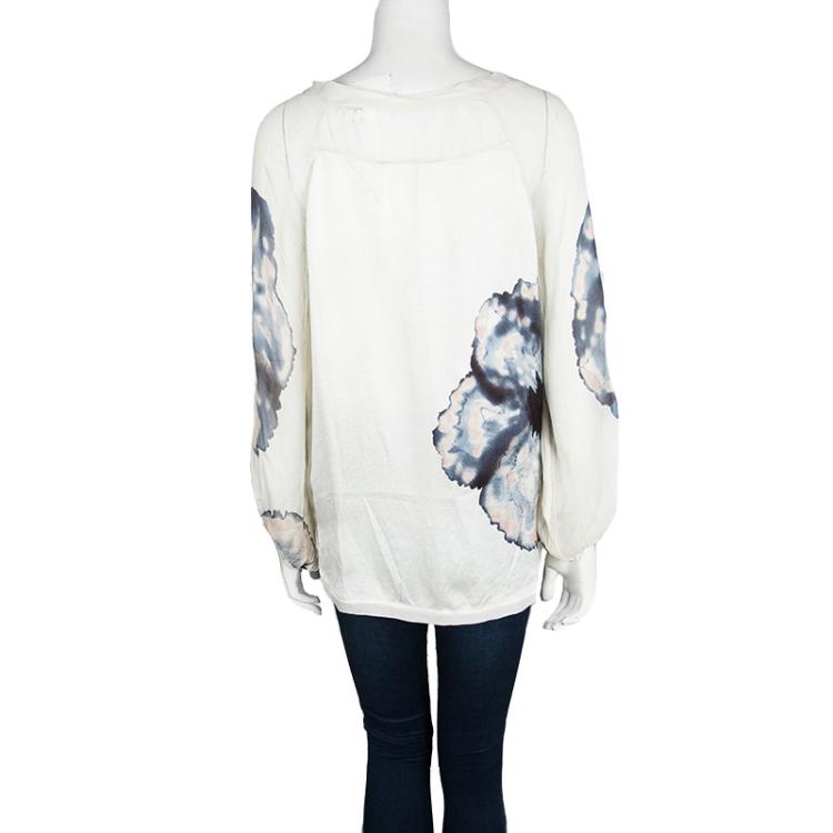 Pre Owned Diane Von Furstenberg Cream Poppy Print Silk Oversized Blouse XL