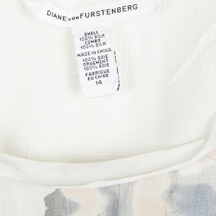 Pre Owned Diane Von Furstenberg Cream Poppy Print Silk Oversized Blouse XL
