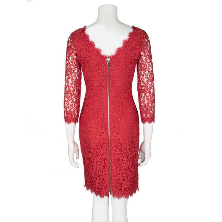 Pre Owned Diane Von Furstenberg Red Lace Long Sleeve Colleen Dress XS