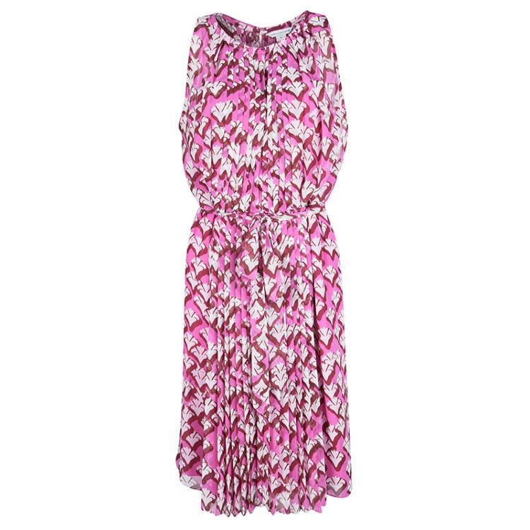 Diane Von Furstenberg Pink Floral Print Pleated Sleeveless Ria Dress L ...