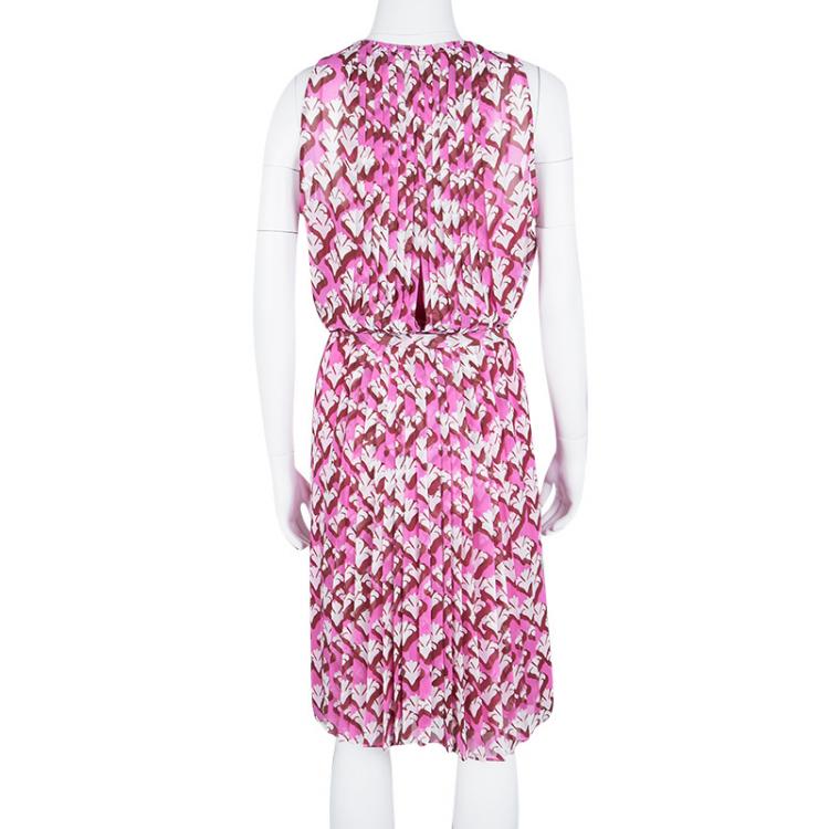 Pre Owned Diane Von Furstenberg Pink Floral Print Pleated Sleeveless Ria Dress L