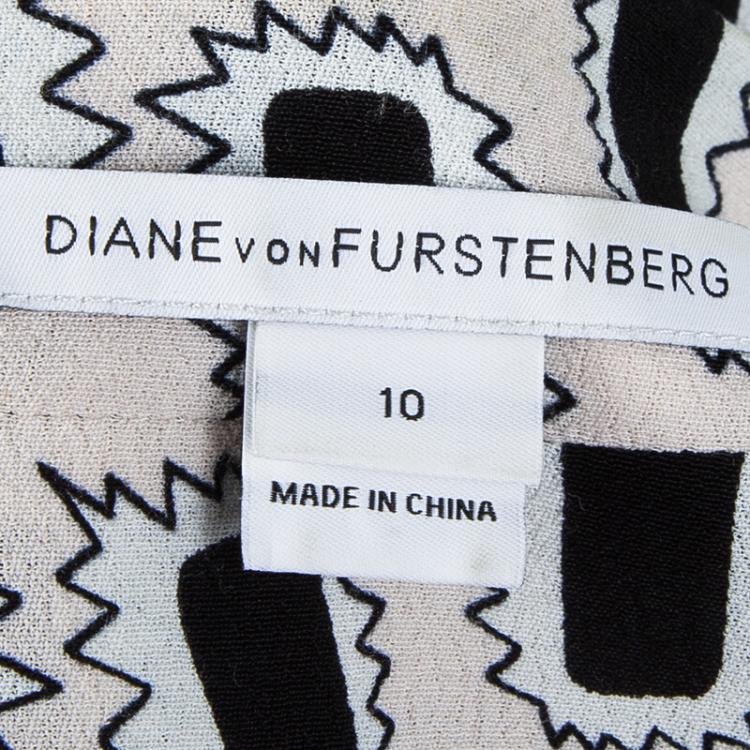 Pre Owned Diane Von Furstenberg Monochrome Printed Crepe Gagon Dress L