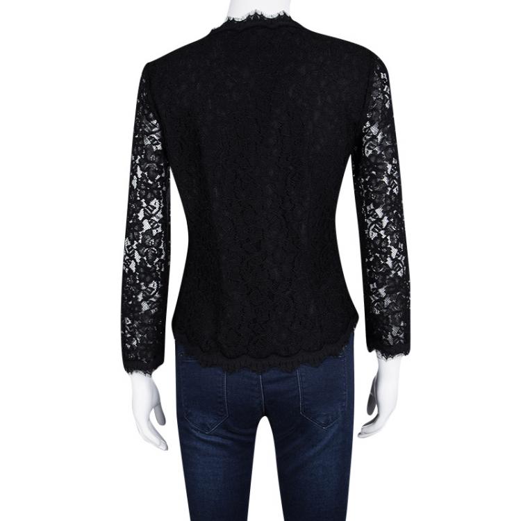 Pre Owned Diane Von Furstenberg Black Scalloped Lace Long Sleeve Bria Blouse S