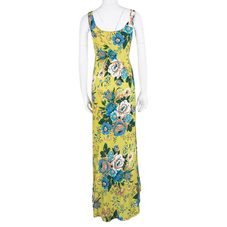 Pre Owned Diane Von Furstenberg Yellow Floral Printed Silk Sleeveless Maxi Dress XS