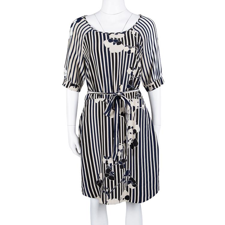 Pre Owned Diane Von Furstenberg Multicolor Striped Silk Belted Florence Dress M