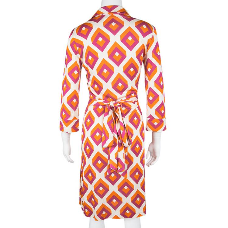 Pre Owned Diane Von Furstenberg Vintage Cube Printed Silk Jersey Justin Wrap Dress L