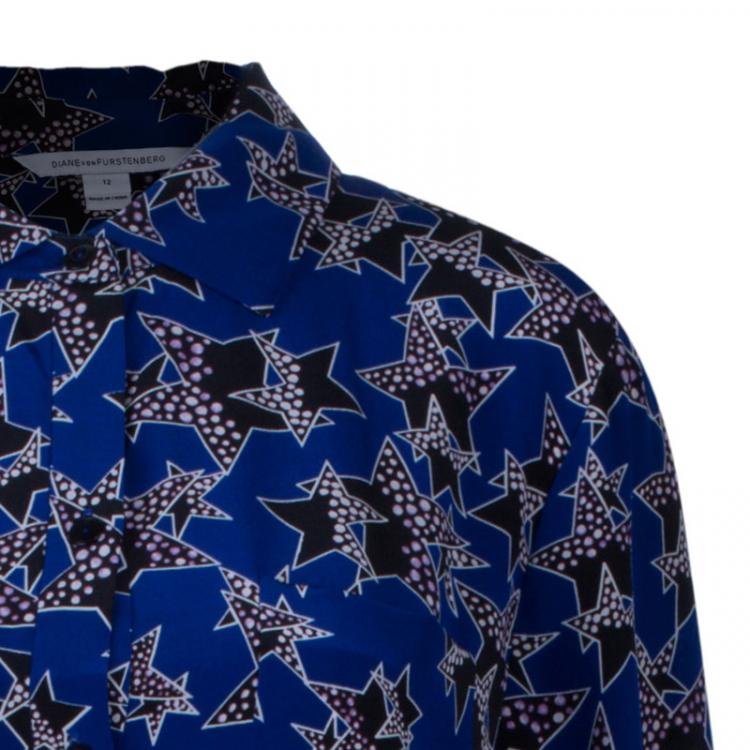 Pre Owned Diane von Furstenberg Blue Belted Star Prita Dress L