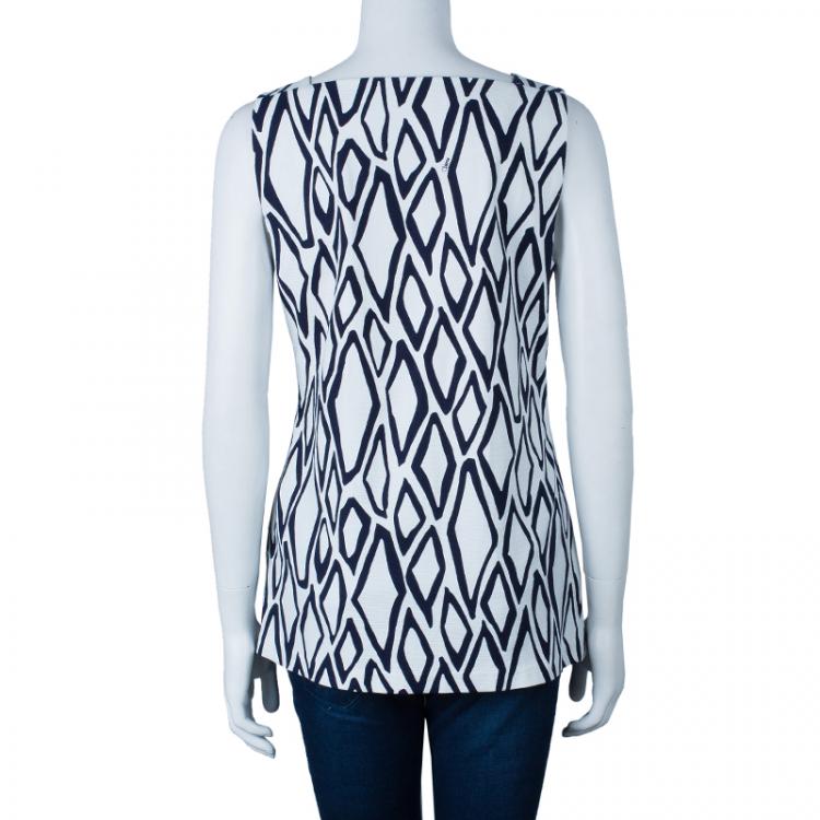Pre Owned Diane von Furstenberg White Ikat Stamp Kenza Top L