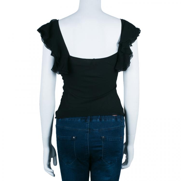 مملوكة مسبقًا Diane Von Furstenberg Christa Black Silk Ruffle Top S