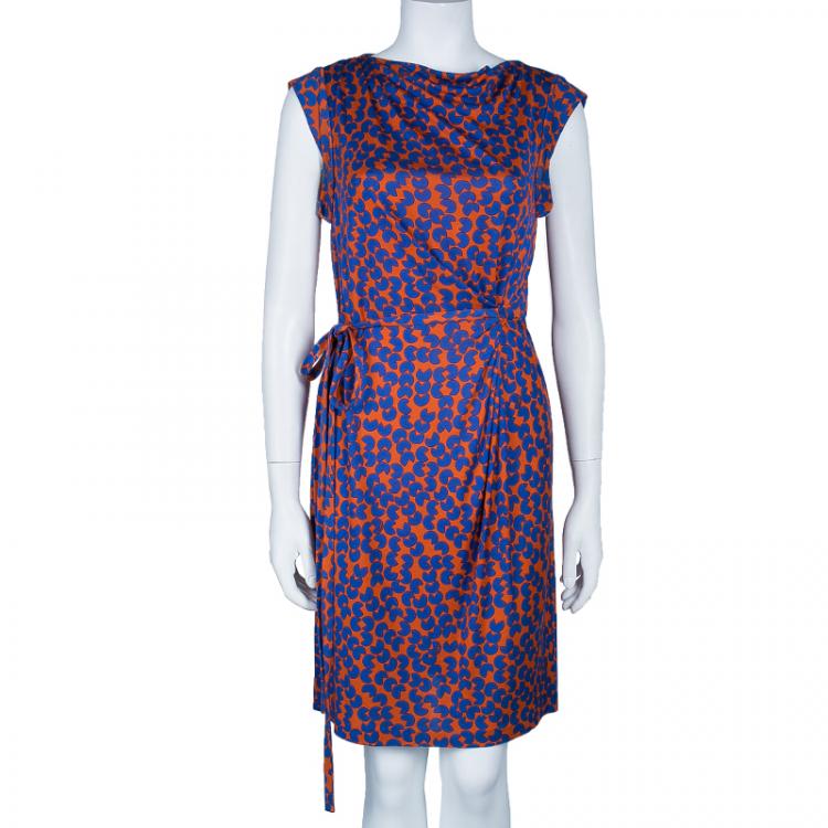Pre Owned Diane von Furstenberg Amberlin Orange Print Belted Dress S