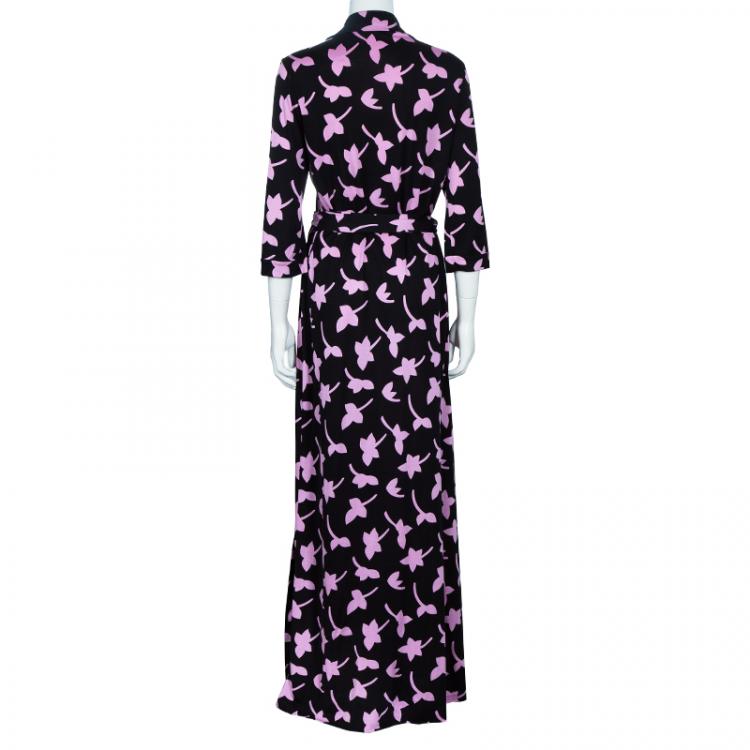 Pre Owned Diane von Furstenberg Black Printed Abigail Maxi Wrap Dress XL