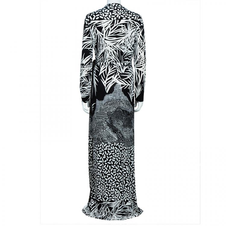 Pre Owned Diane von Furstenberg Monochrome Printed Georgina Maxi Wrap Dress XL