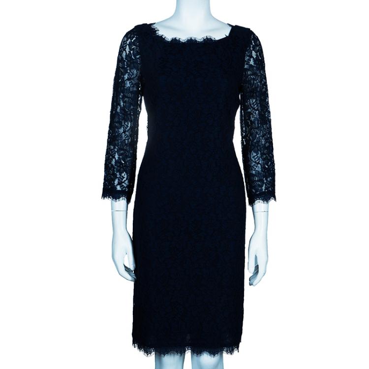 مملوكة مسبقًا Diane Von Furstenberg Navy Blue Lace Back Zipper Dress M