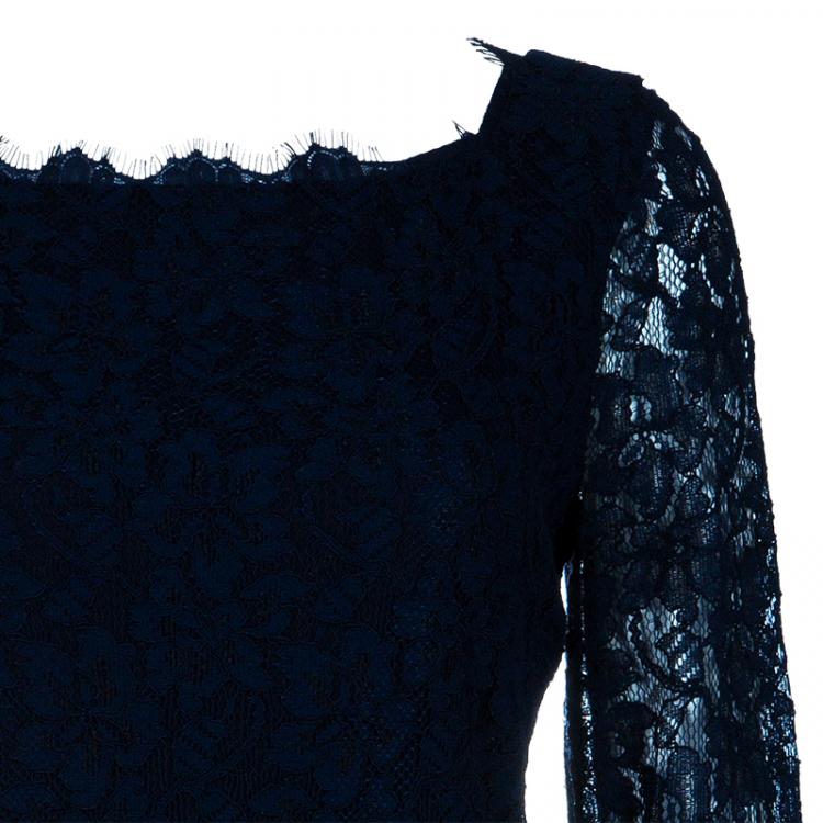 مملوكة مسبقًا Diane Von Furstenberg Navy Blue Lace Back Zipper Dress M