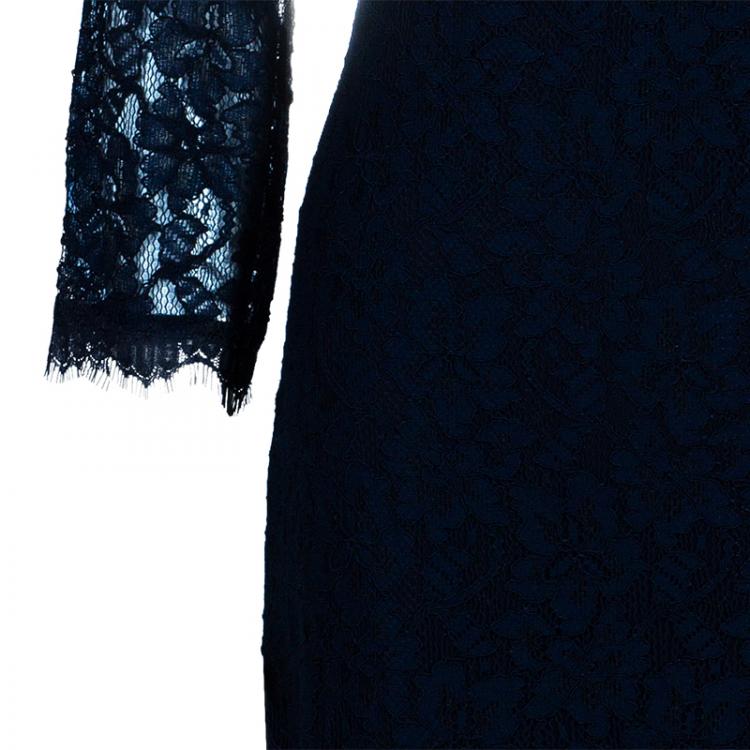 مملوكة مسبقًا Diane Von Furstenberg Navy Blue Lace Back Zipper Dress M