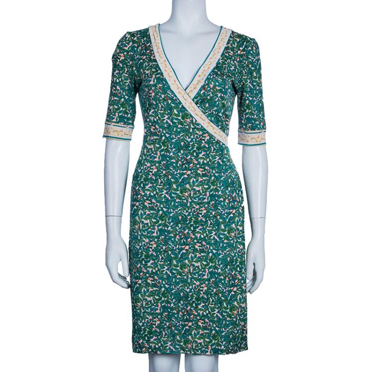 Pre Owned Diane von Furstenberg Turquoise Print Silk Wrap Dress S