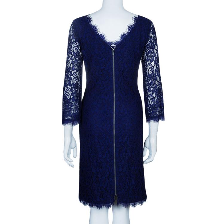 Pre Owned Diane von Furstenberg Blue Zarita  Lace Dress L