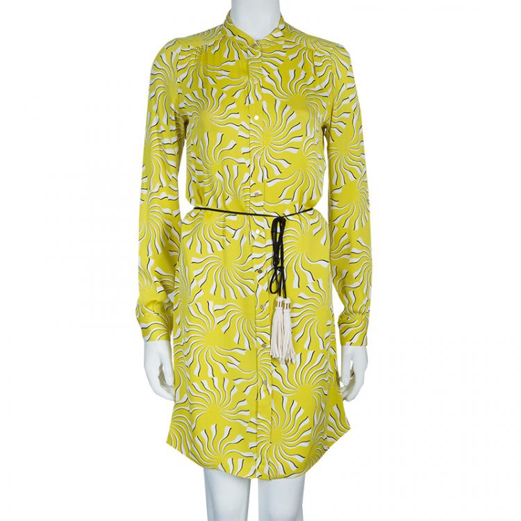 Pre Owned Diane von Furstenberg Yellow Print Tassel Tie-up Tunic Dress M