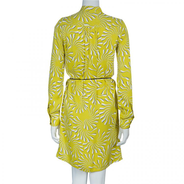 Pre Owned Diane von Furstenberg Yellow Print Tassel Tie-up Tunic Dress M
