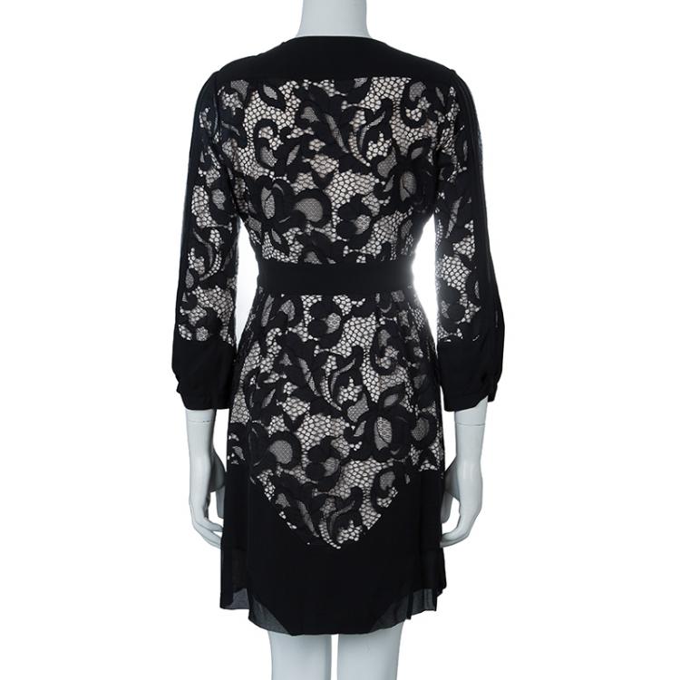 Pre Owned Diane von Furstenberg Black Lace Detail Long Sleeve Dress S