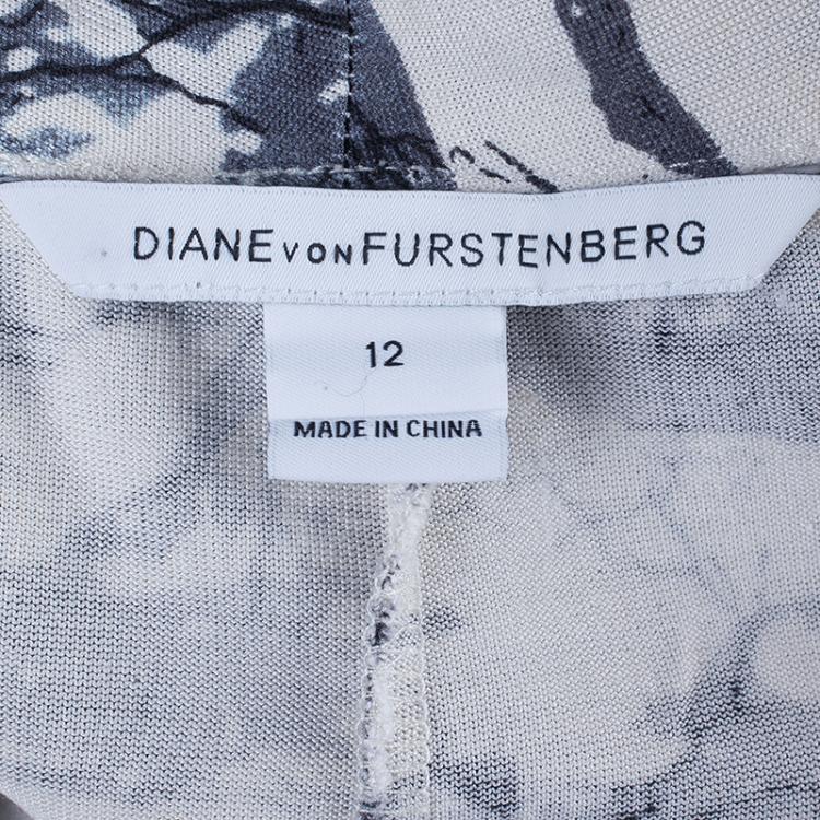 Pre Owned Diane Von Furstenberg Mindy Monochrome Marble Wrap Dress L