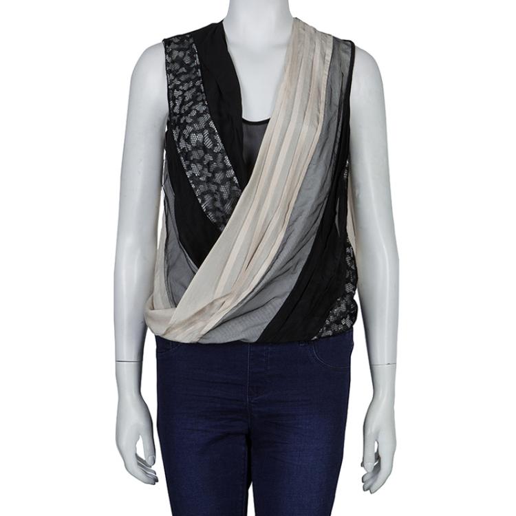 Pre Owned Diane Von Furstenberg Monochrome Lace Detail Draped Talitha Top M
