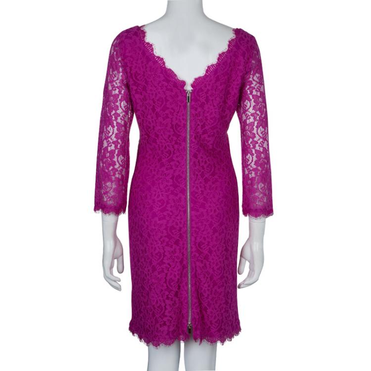 Pre Owned Diane Von Furstenberg Pink Zarita Lace Dress L