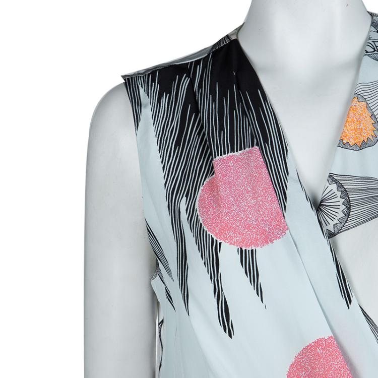 Pre Owned Diane Von Furstenberg Pale Blue Silk Multicolor Print Jaime Dress L