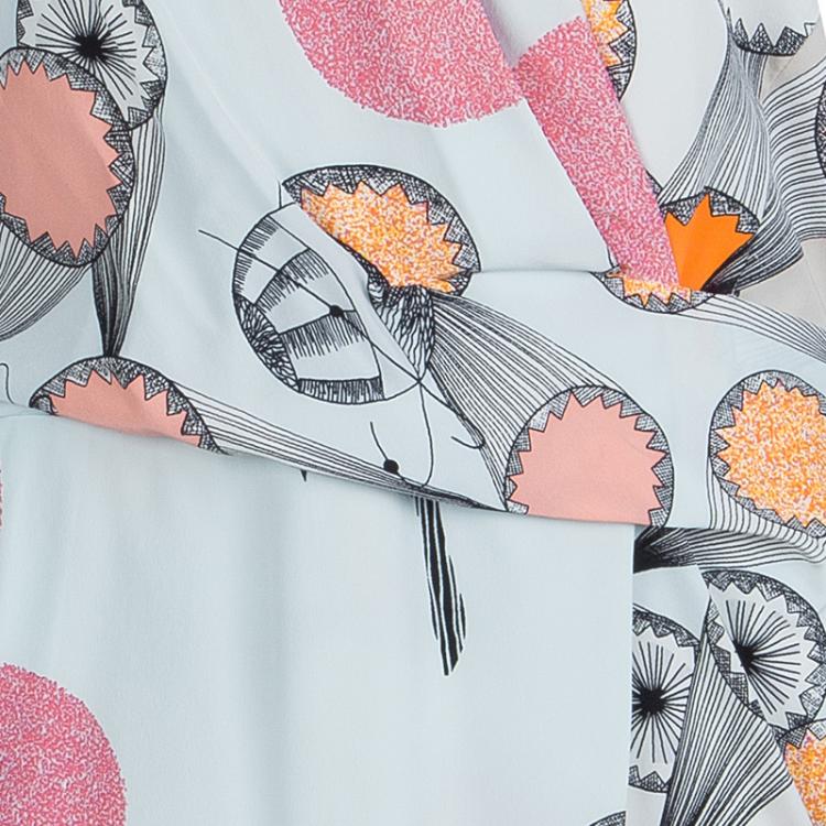 Pre Owned Diane Von Furstenberg Pale Blue Silk Multicolor Print Jaime Dress L