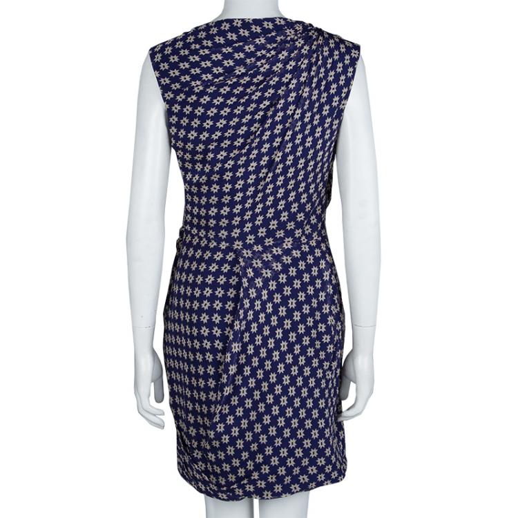 Pre Owned Diane Von Furstenberg Navy Blue Silk Star Print Ruched Francia Dress L