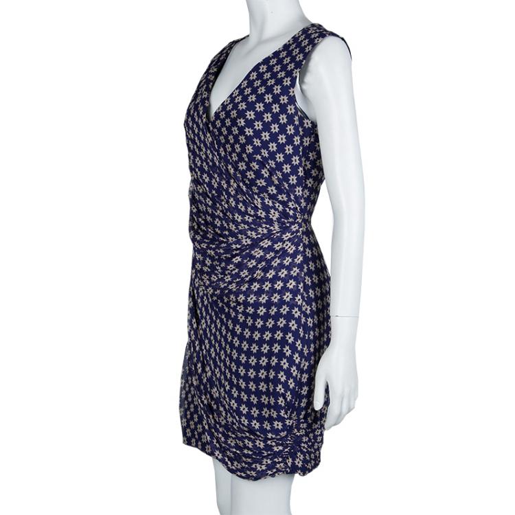 Pre Owned Diane Von Furstenberg Navy Blue Silk Star Print Ruched Francia Dress L