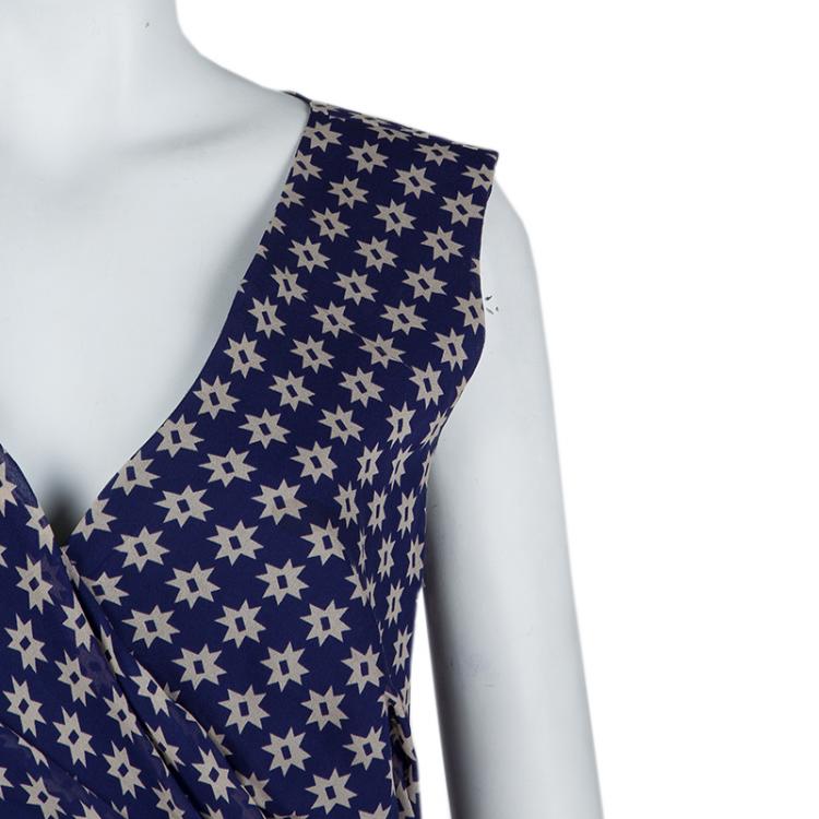 Pre Owned Diane Von Furstenberg Navy Blue Silk Star Print Ruched Francia Dress L
