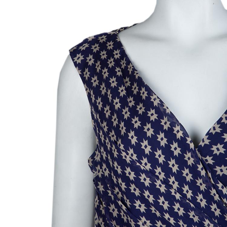 Pre Owned Diane Von Furstenberg Navy Blue Silk Star Print Ruched Francia Dress L