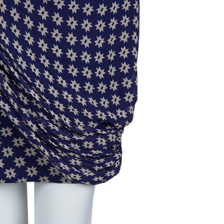 Pre Owned Diane Von Furstenberg Navy Blue Silk Star Print Ruched Francia Dress L