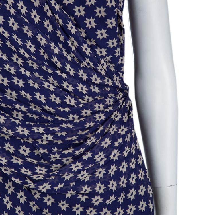 Pre Owned Diane Von Furstenberg Navy Blue Silk Star Print Ruched Francia Dress L