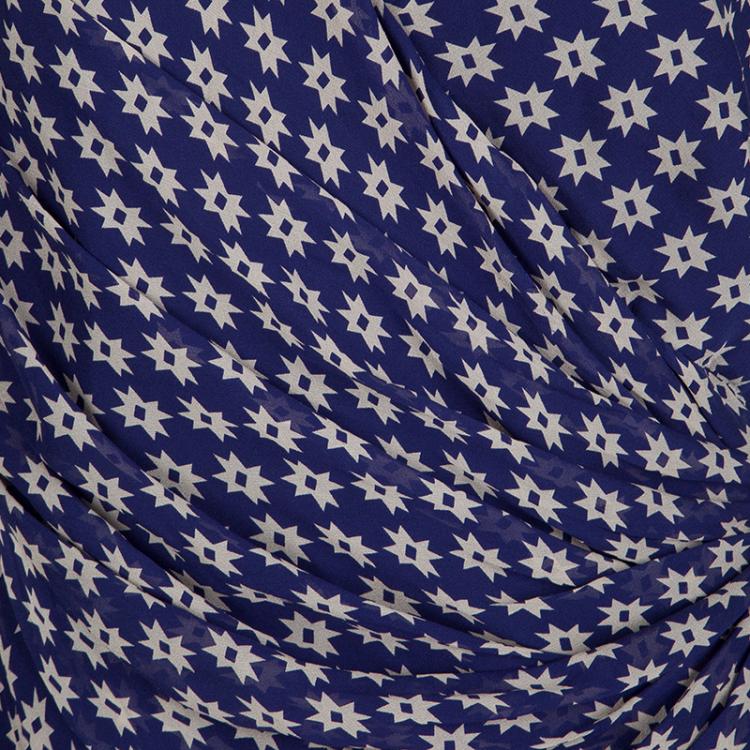 Pre Owned Diane Von Furstenberg Navy Blue Silk Star Print Ruched Francia Dress L