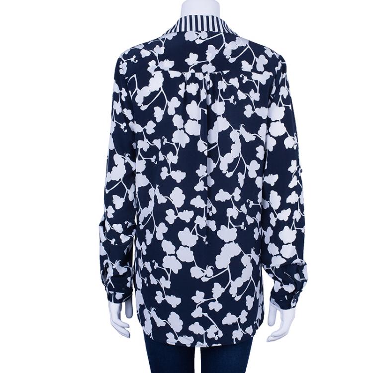 Pre Owned Diane Von Furstenberg Lorelei Orchid Print Silk Shirt L