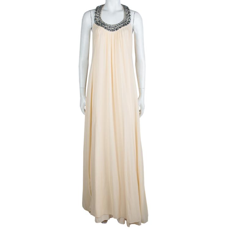 Pre Owned Diane Von Furstenberg Beige Silk Willemma Crystal Embellished Halter Gown M