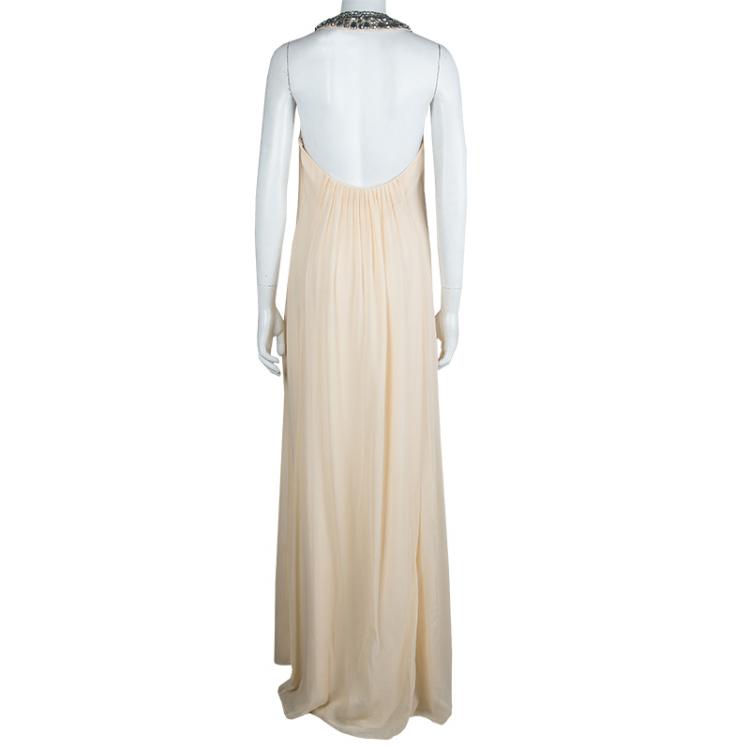 Pre Owned Diane Von Furstenberg Beige Silk Willemma Crystal Embellished Halter Gown M