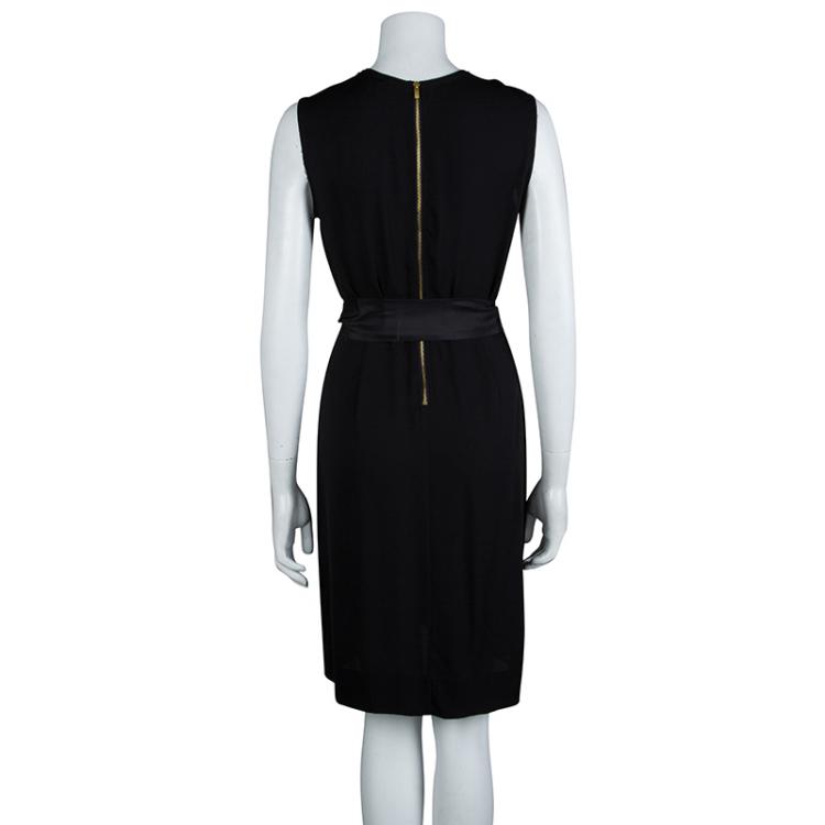 Pre Owned Diane Von Furstenberg Black Silk Geometric Pleat Detail Sleeveless Belted Kimian Dress M