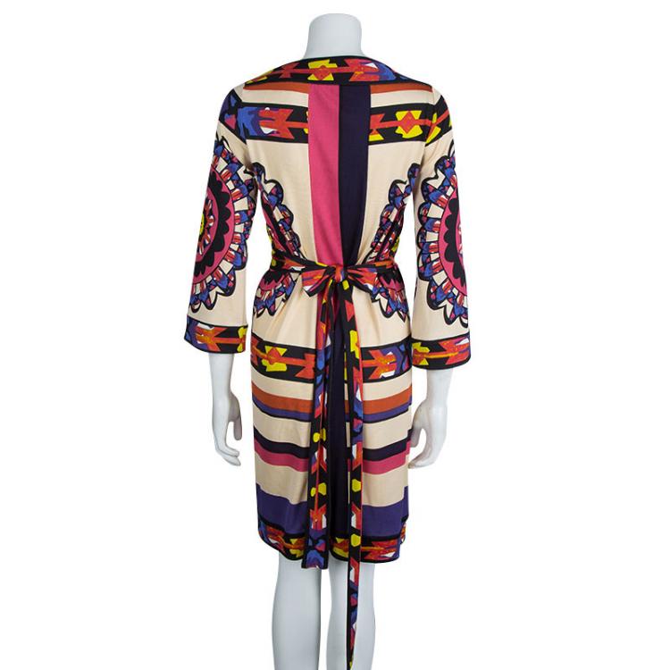 Pre Owned Diane Von Furstenberg MultiColor Printed Silk Jersey Gaucho Wrap Dress M