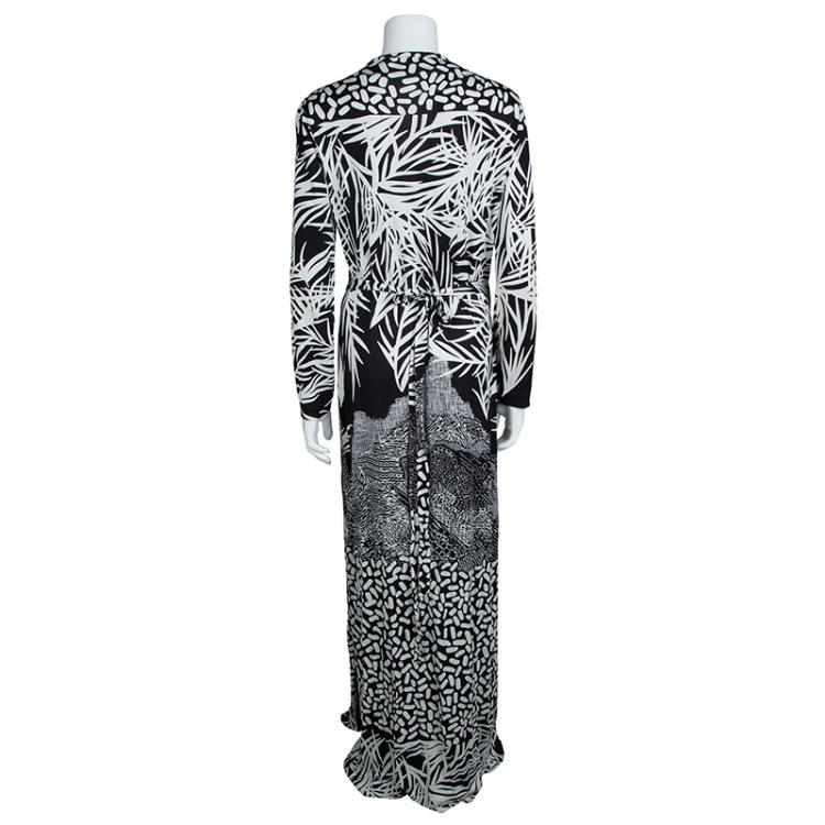 Pre Owned Diane Von Furstenberg Monochrome Printed Silk Jersey Georgina Wrap Dress XL