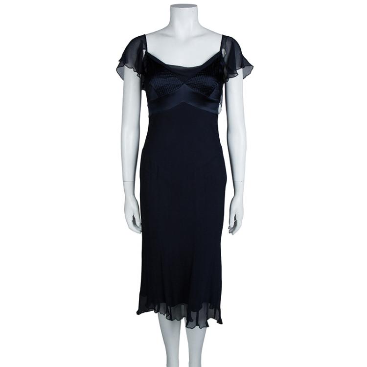 Pre Owned Diane Von Furstenberg Navy Blue Crinkled Silk Chiffon Pintuck Detail Mia Dress M