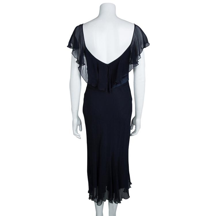 Pre Owned Diane Von Furstenberg Navy Blue Crinkled Silk Chiffon Pintuck Detail Mia Dress M