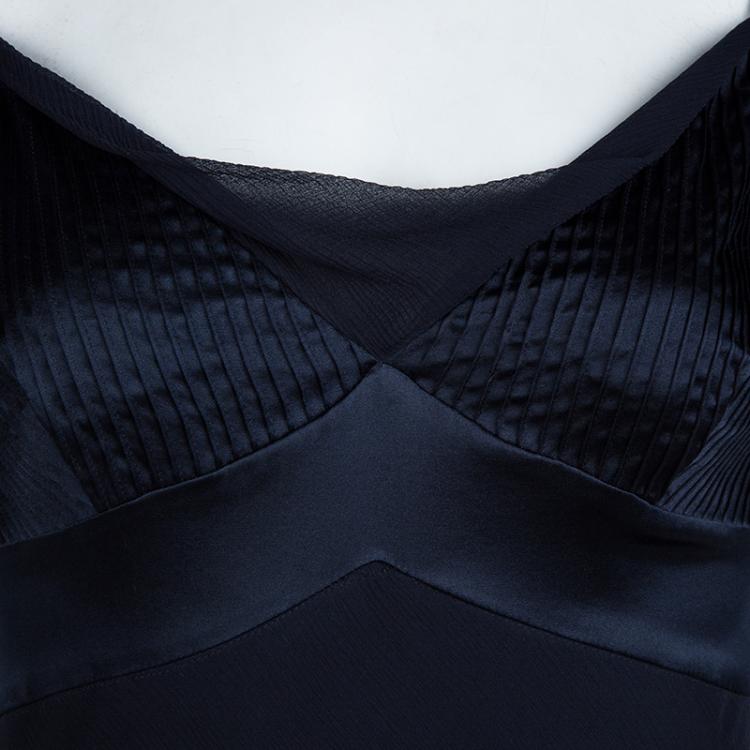 Pre Owned Diane Von Furstenberg Navy Blue Crinkled Silk Chiffon Pintuck Detail Mia Dress M