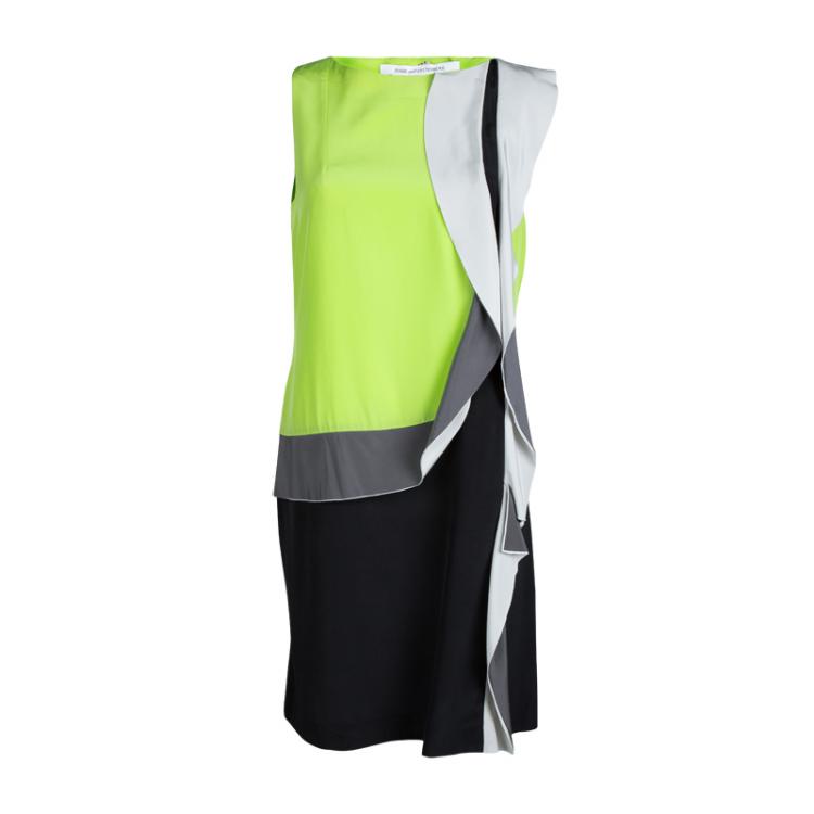 Pre Owned Diane von Furstenberg Colorblock Silk Ruffle Detail Sleeveless Shizuka Dress M