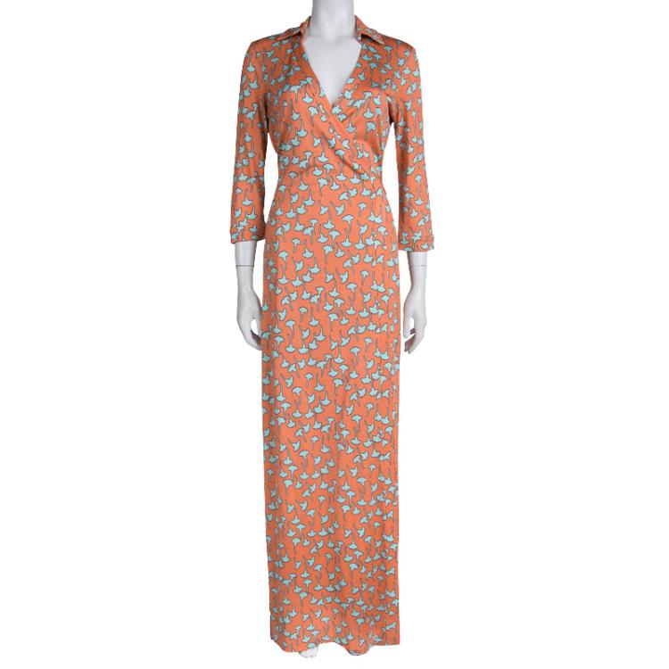 Diane Von Furstenberg Peach Floral Printed Maxi Abigail Wrap Dress M Diane Von Furstenberg TLC