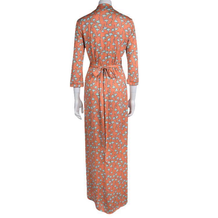 Pre Owned Diane Von Furstenberg Peach Floral Printed Maxi Abigail Wrap Dress M