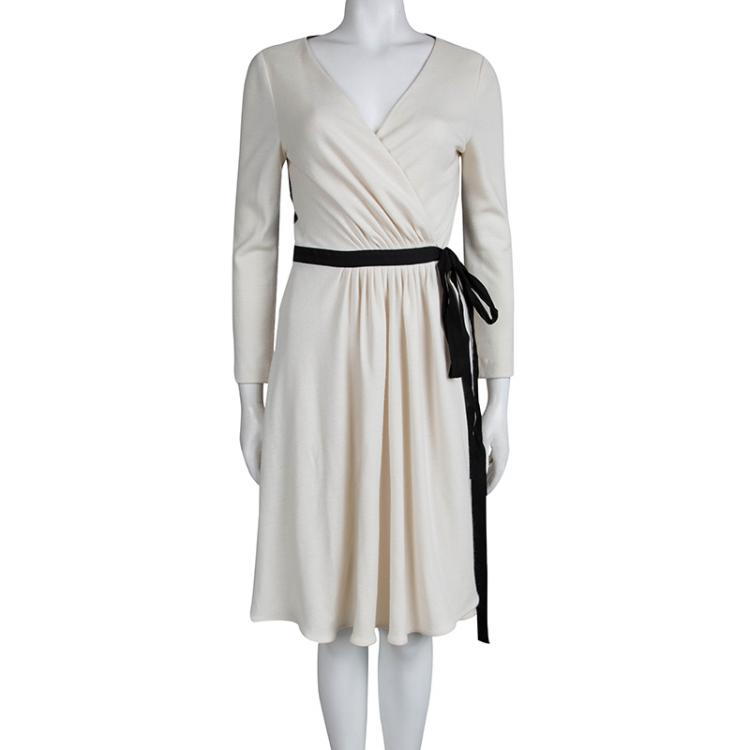 Pre Owned Diane von Furstenberg Monochrome Lace Detail Seduction Wrap Dress L